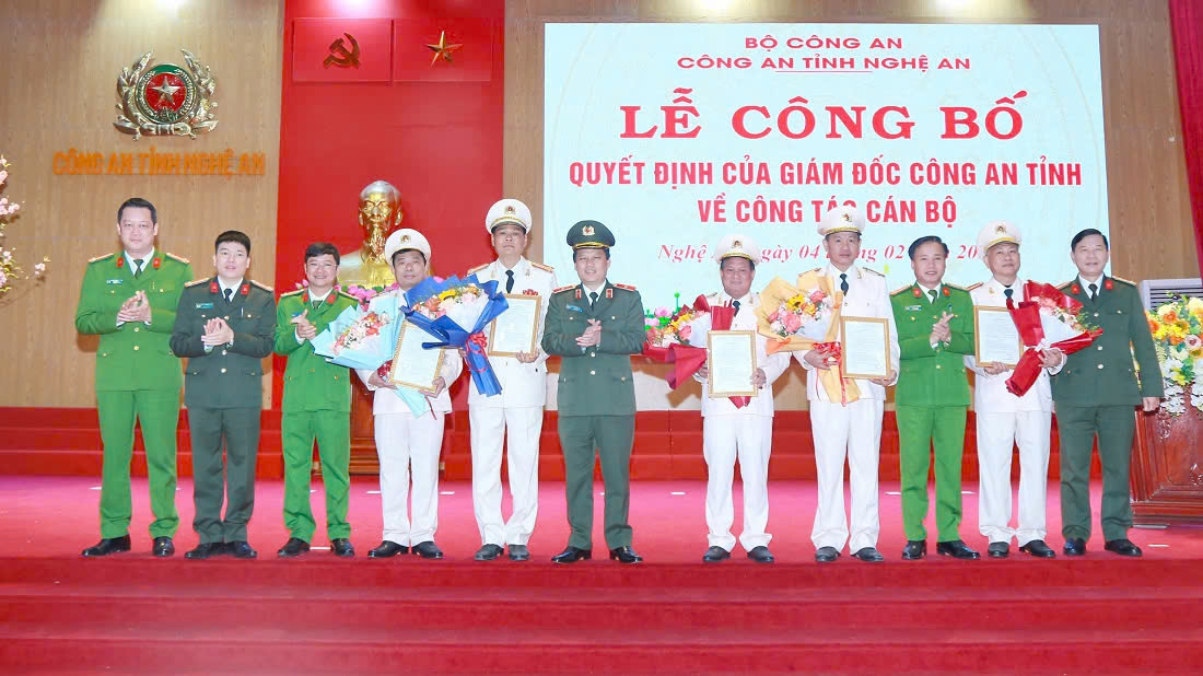 Các đồng chí Lãnh đạo Công an tỉnh chụp ảnh lưu niệm với các đồng chí nghỉ công tác, chờ hưởng chế độ hưu trí đợt này
