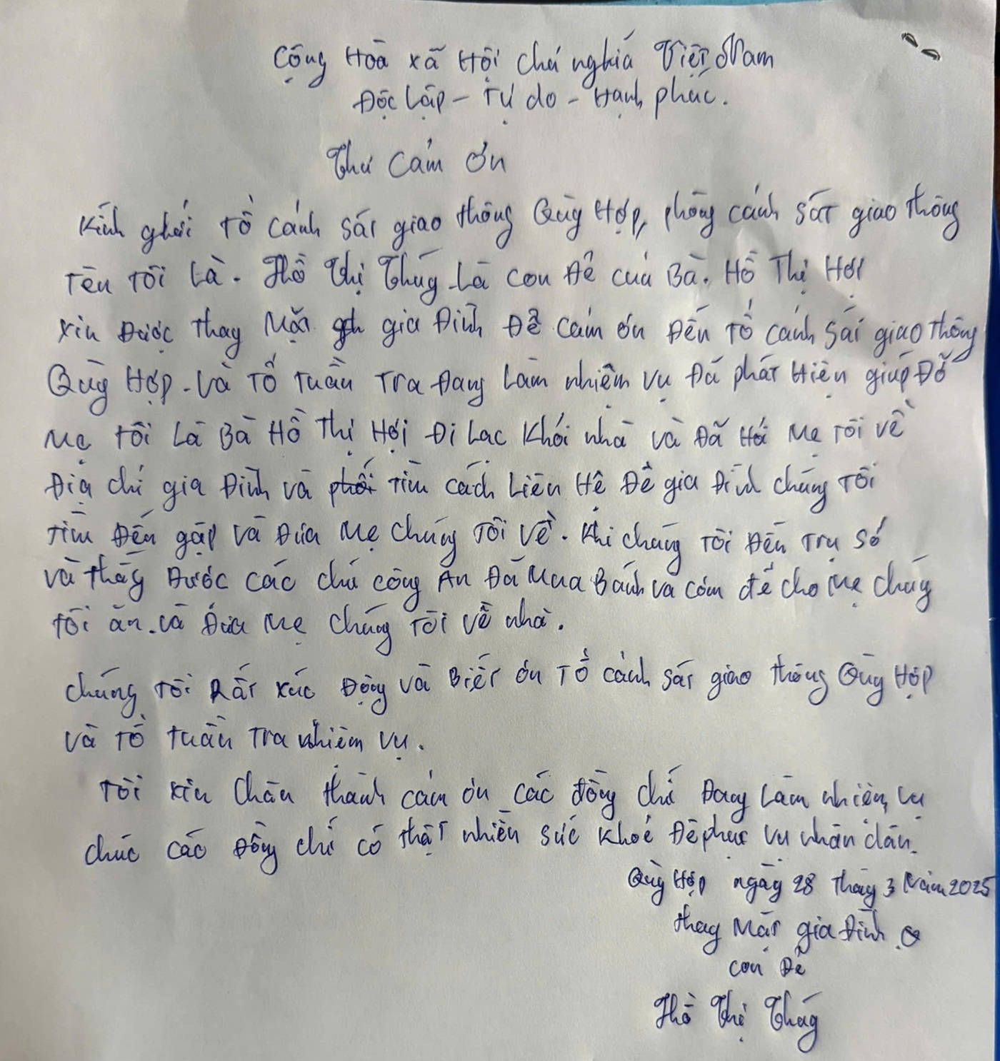 Thư cảm ơn chị Hồ Thị Thúy gửi tới Tổ Cảnh sát giao thông Quỳ Hợp