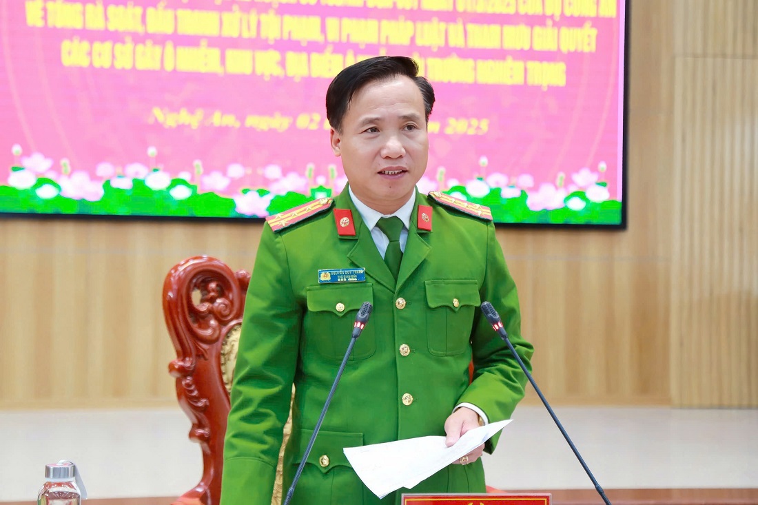 Đồng chí Đại tá Nguyễn Duy Thanh, Phó Giám đốc, Thủ trưởng Cơ quan Cảnh sát điều tra Công an tỉnh phát biểu chỉ đạo tại Hội nghị
