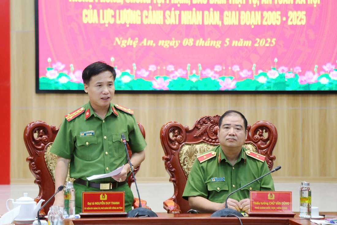   Đồng chí Đại tá Nguyễn Duy Thanh, Phó Giám đốc, Thủ trưởng Cơ quan Cảnh sát điều tra Công an tỉnh Nghệ An phát biểu tại buổi làm việc