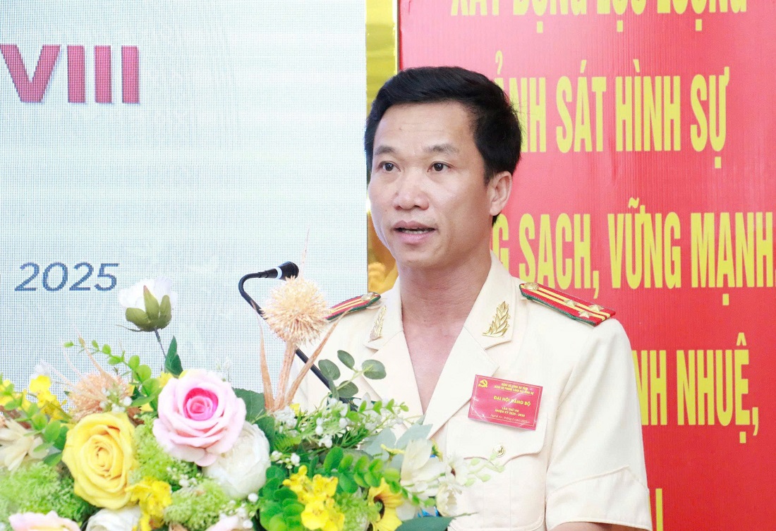 Thượng tá Trần Đức Thân, Bí thư Đảng ủy, Trưởng phòng CSHS phát biểu khai mạc Đại hội