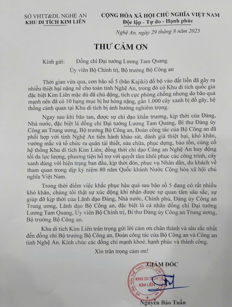 Thư cảm ơn gửi đồng chí Bộ trưởng Bộ Công an