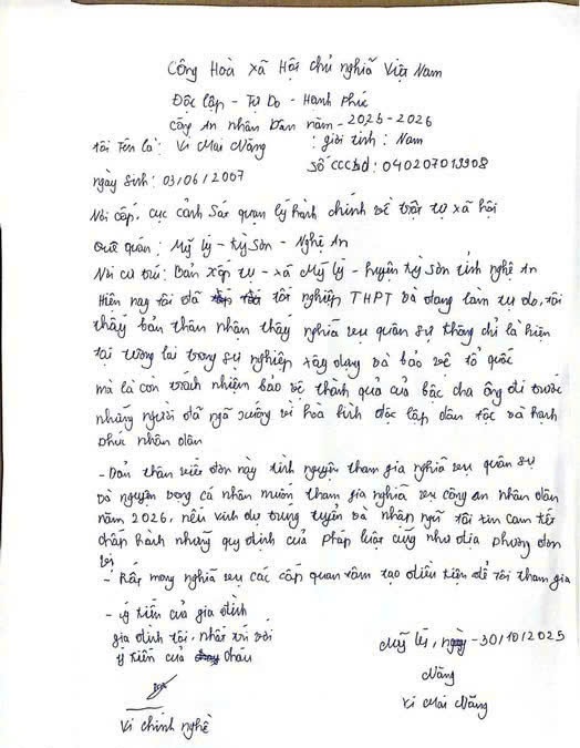 Đơn tự nguyên tham gia nghĩa vụ CAND của em Vi Mai Năng