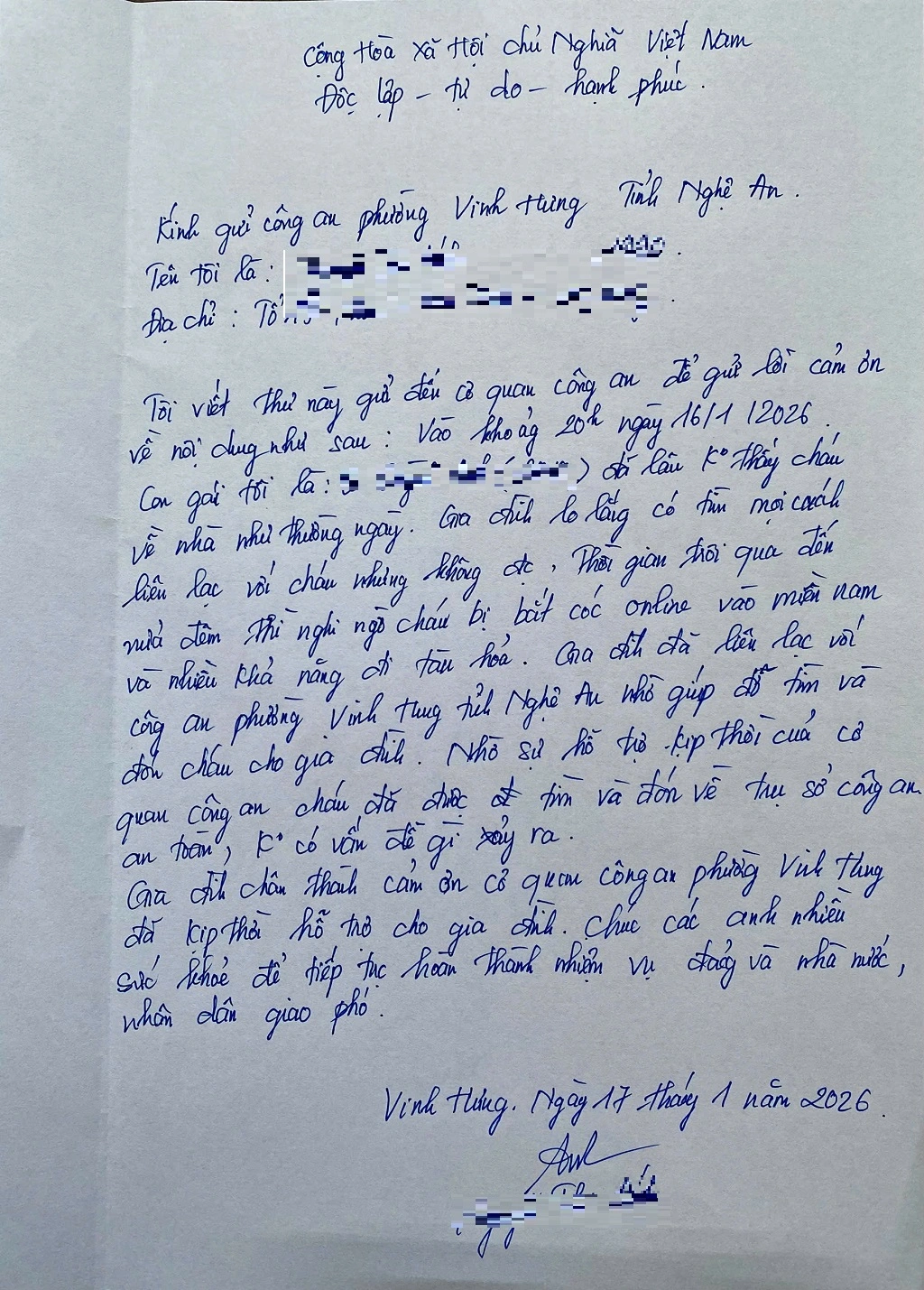 Gia đình em A. viết thư cảm ơn Công an phường Vinh Hưng