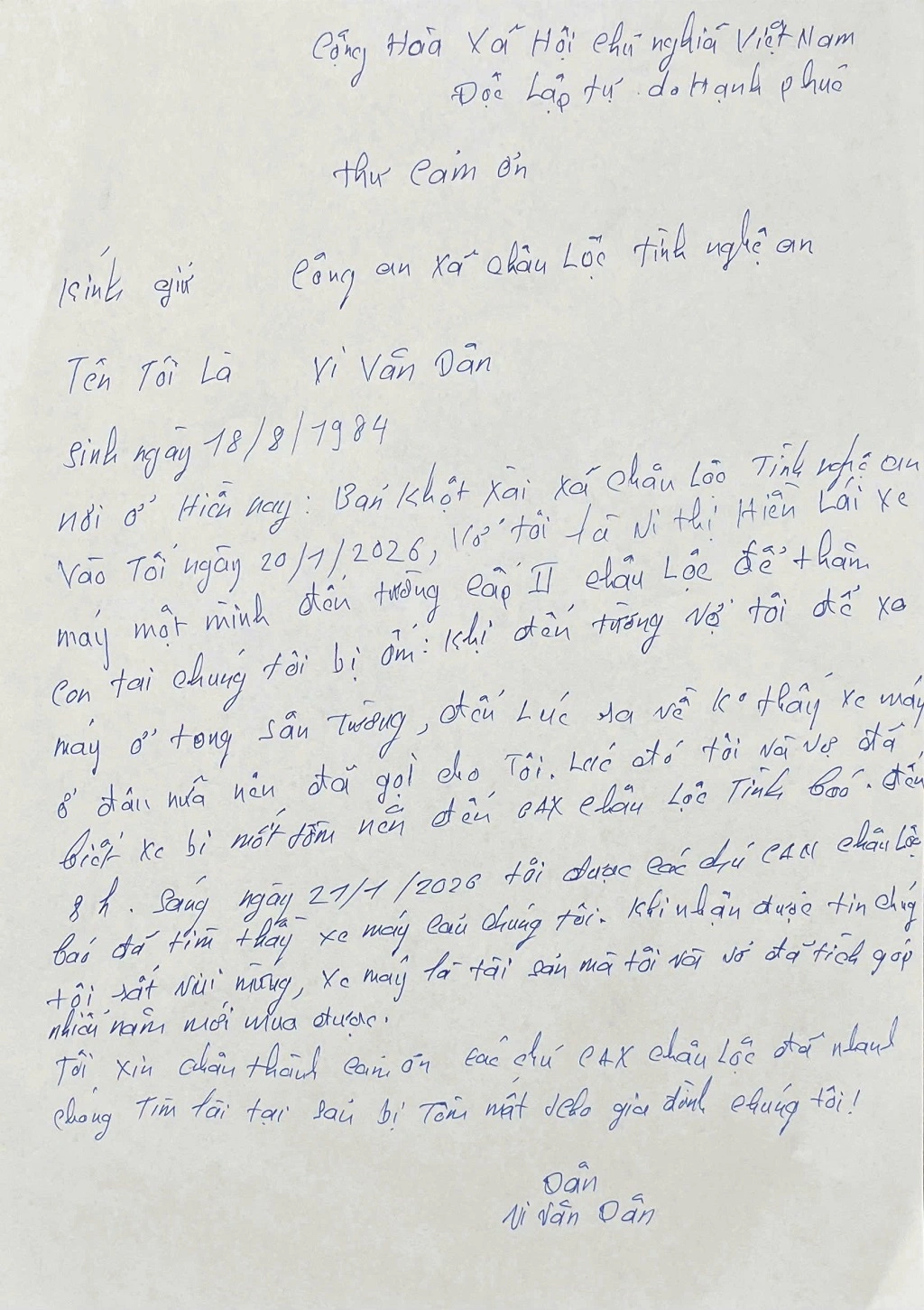 Gia đình chị Hiền nhận lại tài sản và viết thư cảm ơn cơ quan Công an
