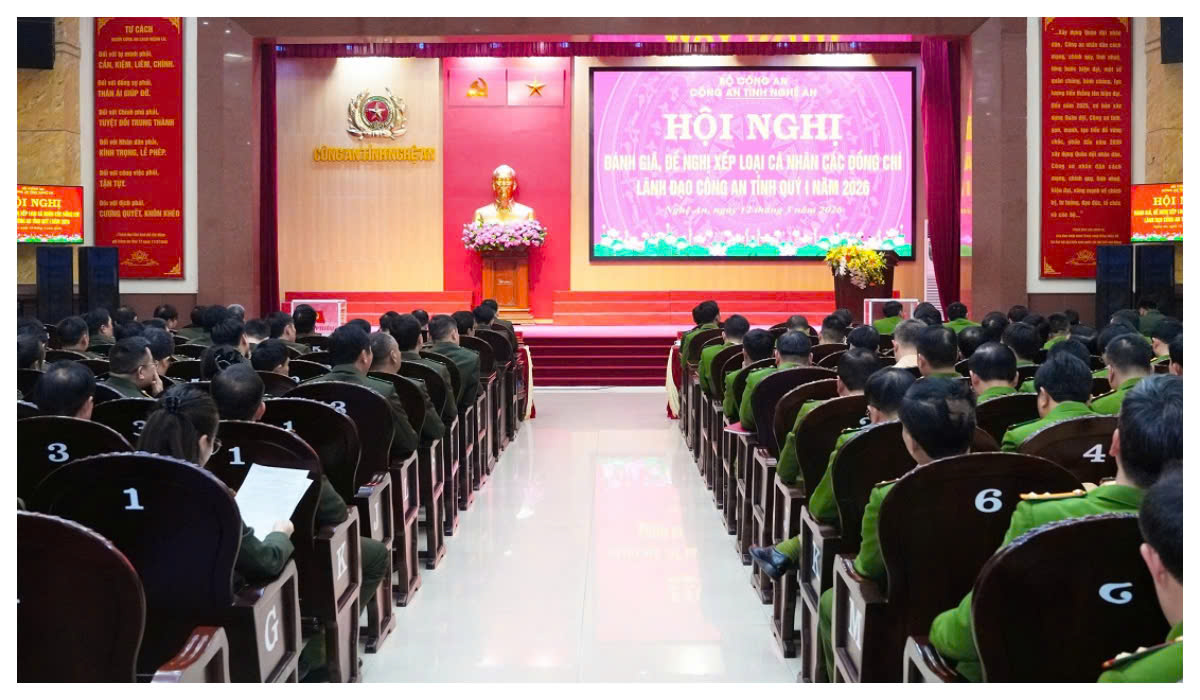 Công an tỉnh Nghệ An tổ chức Hội nghị đánh giá, đề nghị xếp loại cá nhân các đồng chí Lãnh đạo Công an tỉnh Quý I năm 2026