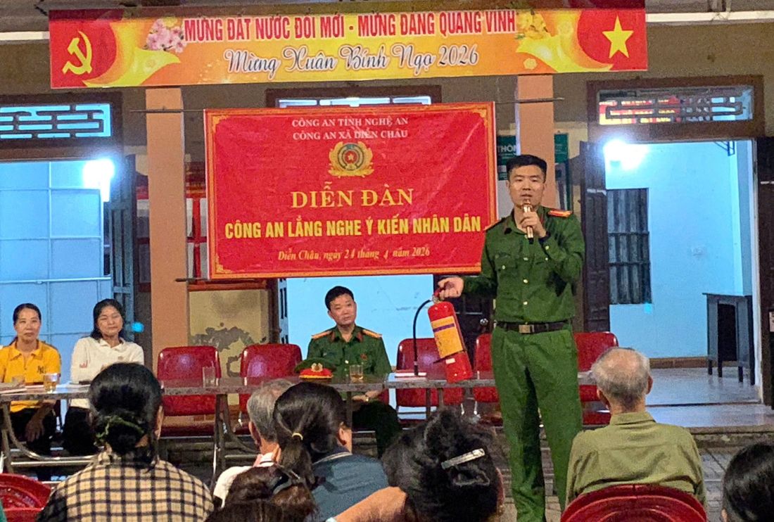 Công an xã Diễn Châu tuyên truyền, phổ biến pháp luật về phòng cháy, chữa cháy đến người dân