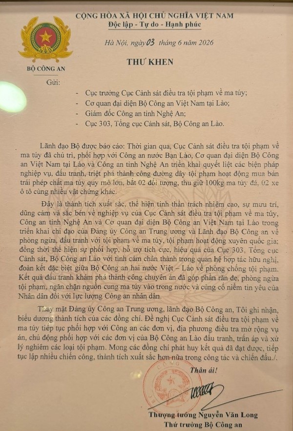 Lãnh đạo Bộ Công an gửi Thư khen Công an tỉnh Nghệ An và các đơn vị phối hợp phá thành công chuyên án ma túy xuyên quốc gia