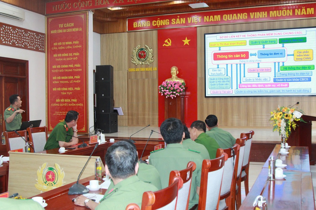 Cán bộ Phòng Tham mưu Công an tỉnh Nghệ An giới thiệu một số sản phẩm chuyển đổi số đang được triển khai, vận hành hiệu quả trong Công an tỉnh Nghệ An