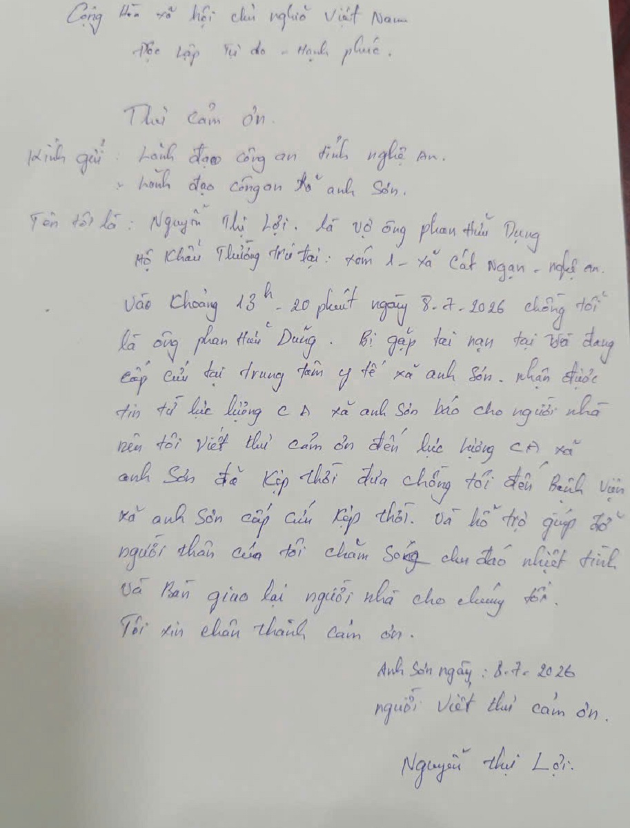 Gia đình ông Dũng viết thư cảm ơn Công an xã