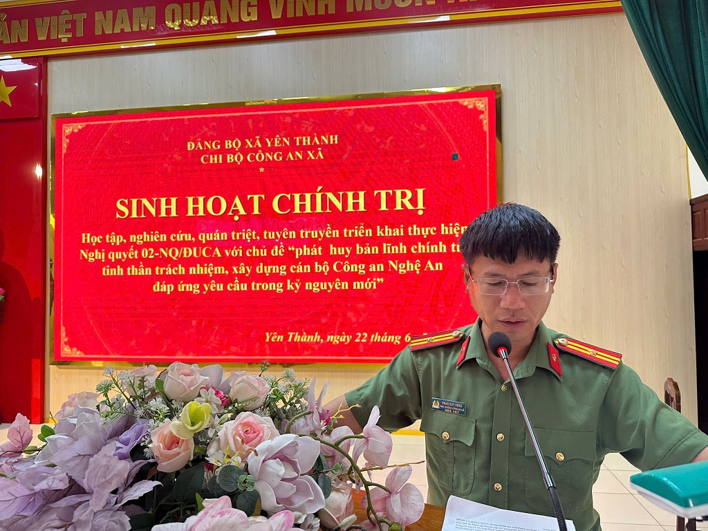 Công an xã Yên Thành Tổ chức sinh hoạt chuyên đề quán triệt Nghị quyết 02-NQ/ĐUCA của Đảng ủy Công an Trung ương
